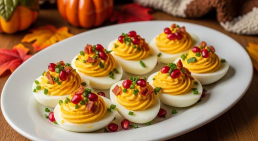 Plated Thanksgiving Appetizer Deviled Eggs ready to serve