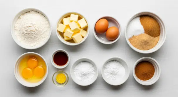 Flat lay of ingredients to make soft cinnamon sugar cookies