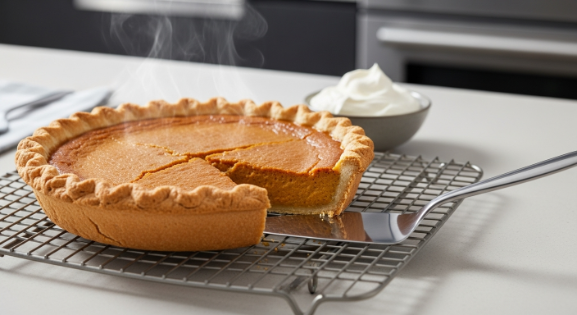 Cooling Classic Bourbon Pumpkin Pie on wire rack before serving