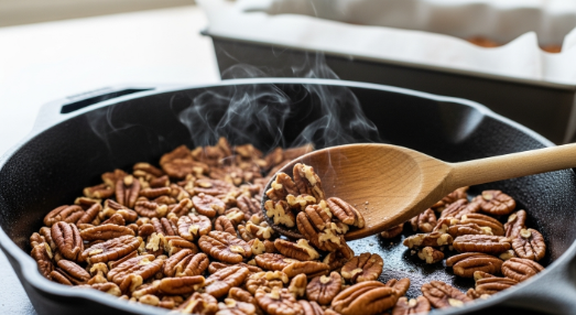 toasting pecans for maple pecan fudge squares in skillet