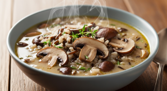 Mushroom and wild rice soup in a bowl with thyme and creamy broth