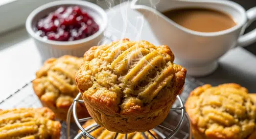Crispy air fryer stuffing muffins with crunchy edges on a cooling rack