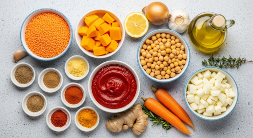Flat lay of ingredients for Moroccan Lentil and Pumpkin Stew