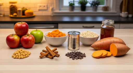 Fall snacks ingredients flat lay with apples, pumpkin purée, oats, chickpeas, sweet potatoes, and cinnamon in a modern kitchen