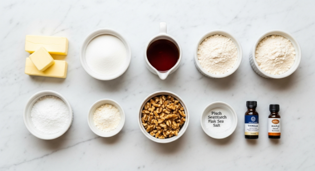 ingredients for maple walnut shortbread cookies flat lay