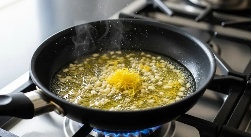 Lemon-garlic butter melting for Air Fryer Green Beans Almondine