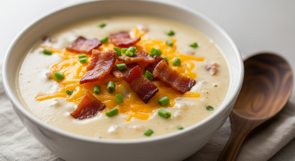 Loaded Baked Potato Soup topped with cheddar, turkey bacon, and chives