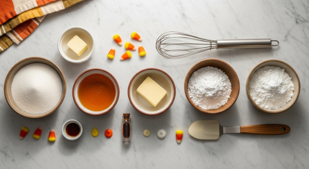 Flat lay of homemade candy corn ingredients including sugar, butter, corn syrup, powdered sugar, and food coloring in a modern kitchen