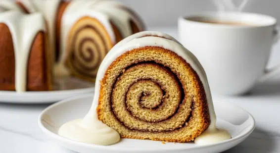 Slice of Cinnamon Roll Bundt Cake with Cream Cheese Glaze on plate