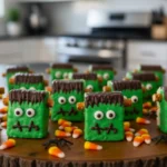 Frankenstein Rice Krispie Treats with green faces, candy eyes, chocolate hair, and pretzel bolts on a party platter in a modern kitchen