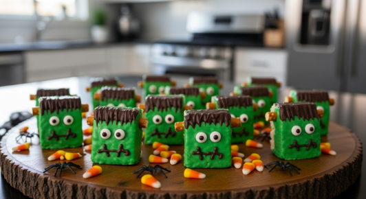 Frankenstein Rice Krispie Treats with green faces, candy eyes, chocolate hair, and pretzel bolts on a party platter in a modern kitchen