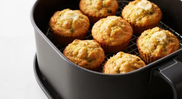 Stuffing muffins crisping in the air fryer at 375°F