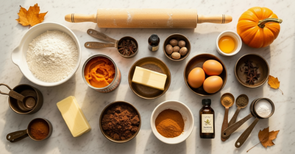 Pumpkin cinnamon rolls ingredients flat lay in a modern kitchen