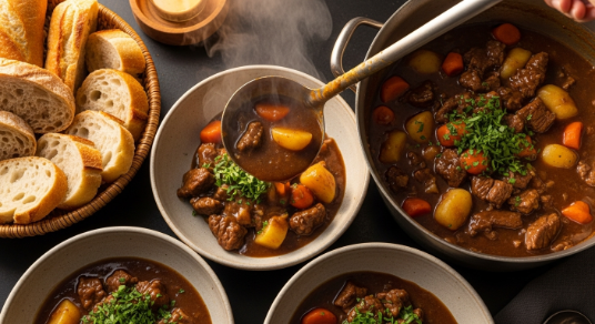 Bowl of Beef and Vegetable Stew garnished with parsley