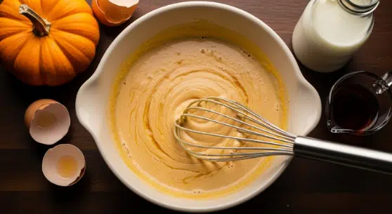 Whisking pumpkin custard for Pumpkin Spice French Toast Bake