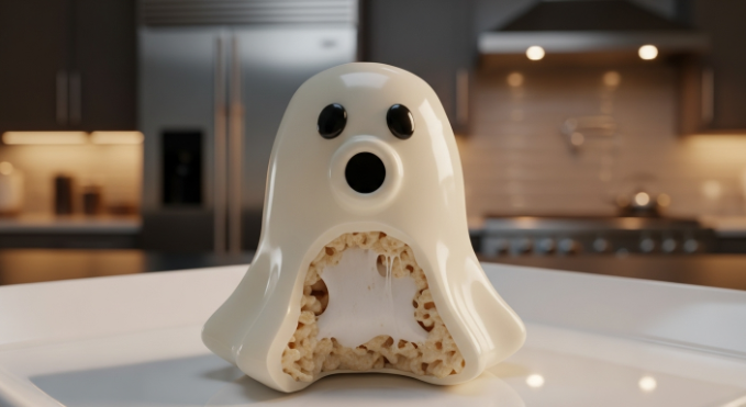 Close-up of a bitten Ghost Rice Krispie Pop showing chewy center