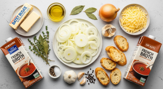 Flat lay of ingredients for French Onion Soup including onions, broth, baguette, and Gruyère
