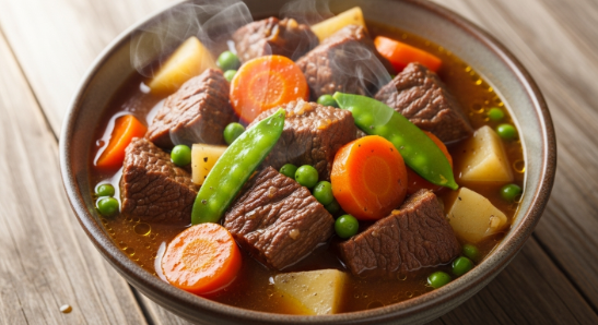 Beef and Vegetable Stew in a rustic bowl with carrots, potatoes, and peas