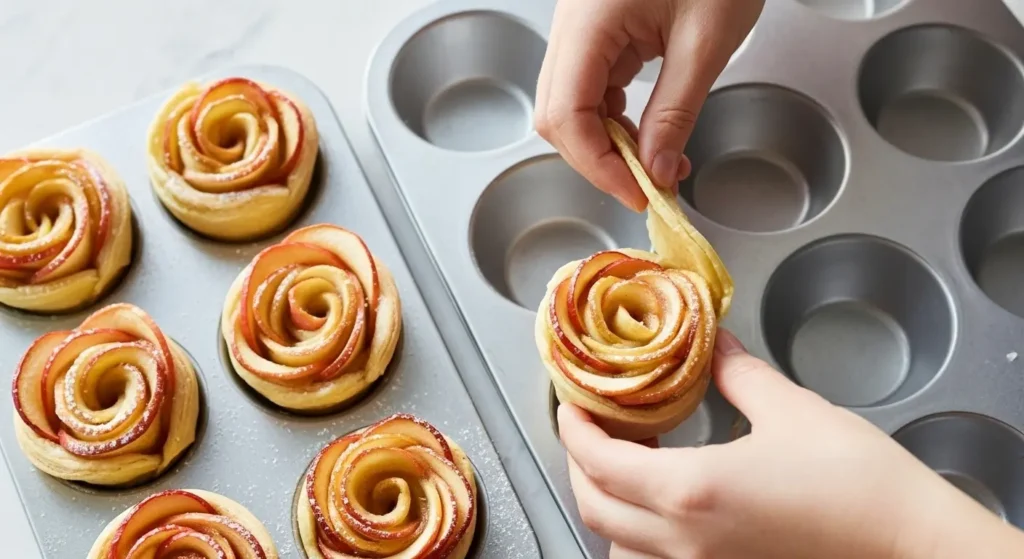 Rolling apple-lined puff pastry strip into a rose for tart