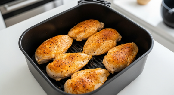 Chicken breasts placed in a single layer in the air fryer basket