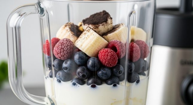 Blender loaded for Spooky Smoothie Bowl Recipe with layered ingredients