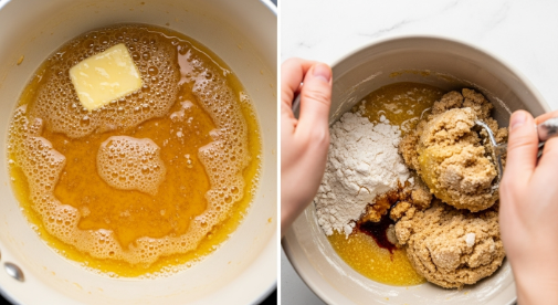Browning butter for Brown Butter Pecan Bars shortbread crust