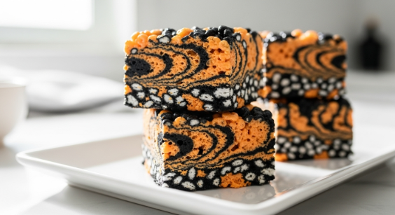 Stacked orange and black marbled Rice Krispie squares on a white platter in a modern kitchen