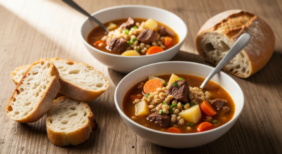 Two bowls of beef and barley soup with root vegetables ready to eat