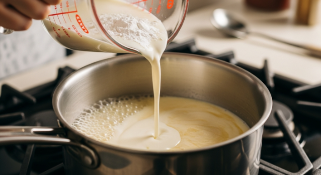 Pouring milk and slurry to make the soup creamy