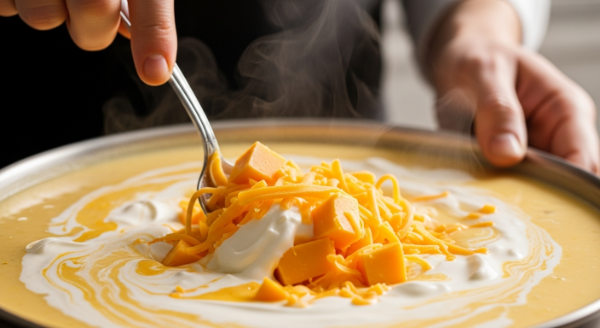 Finishing Loaded Baked Potato Soup with cheese and sour cream