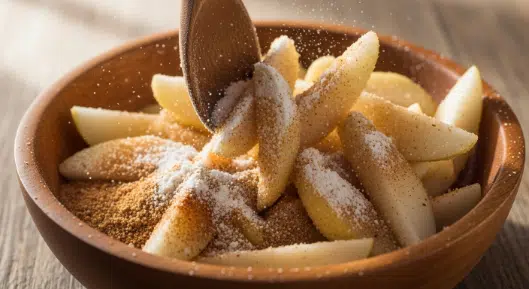 Tossing pears with ginger, spices, and starch for Rustic Pear Ginger Cobbler