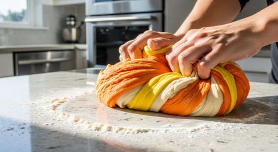 Hands kneading orange, yellow, and white candy corn dough on a countertop