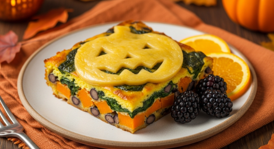 Slice of Halloween breakfast casserole with cheddar jack-o’-lantern