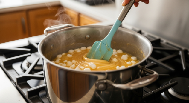 Melting butter and marshmallows in a pot for Rice Krispie treats