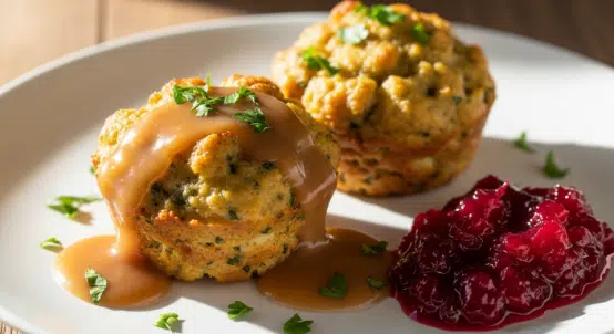 Final serving of crispy air fryer stuffing muffins with gravy and cranberry sauce