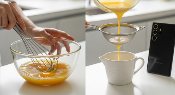 Pumpkin Crème Brûlée custard being tempered and strained for a silky texture