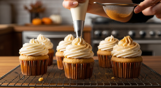 Frosting 5-Ingredient Pumpkin Cupcakes with cream cheese frosting and pumpkin spice dusting