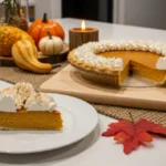 Freshly baked pumpkin pie cooling on a wire rack with golden crust and steam rising.