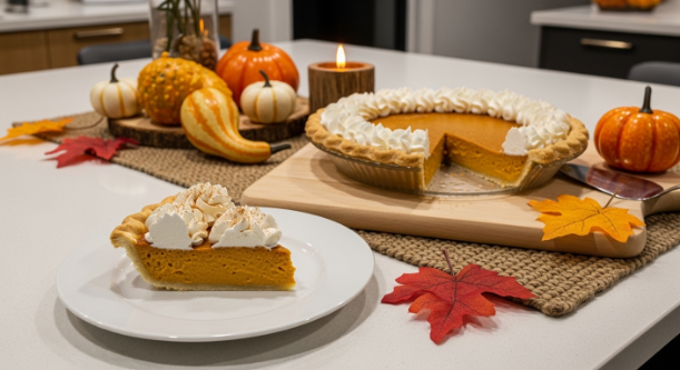 Freshly baked pumpkin pie cooling on a wire rack with golden crust and steam rising.