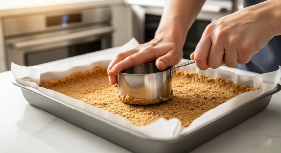 Maple Walnut Sweet Potato Cheesecake Bars crust pressed into pan