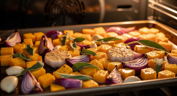 Roasting squash, onion, garlic, and sage on a sheet pan