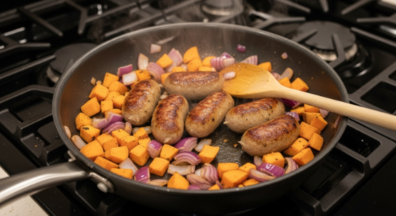 Browning turkey sausage with sweet potato and onion in a skillet