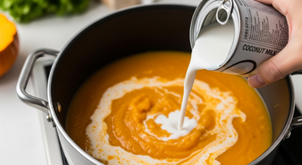 Coconut milk added to Pumpkin Coconut Curry Soup for a creamy finish