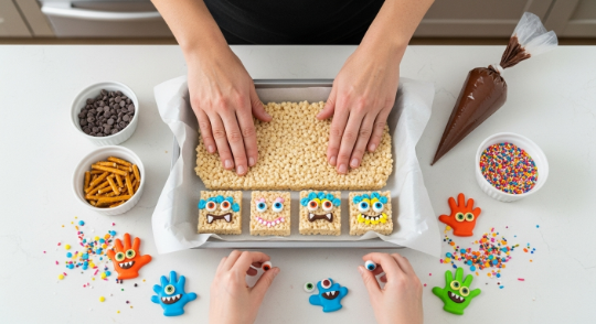 Pressing mixture into pan and adding candy eyeballs and drizzle