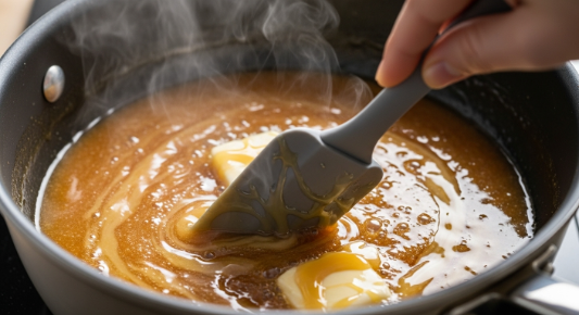o melting condensed milk butter and maple syrup for maple pecan fudge squares