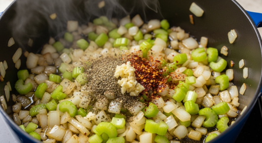 Onion, celery, garlic, and spices sautéing in a pot