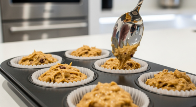 Spoonfuls of pumpkin protein muffin batter going into a lined muffin tin