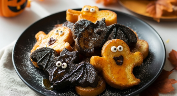Finished Halloween French Toast Recipe with black and orange glazes