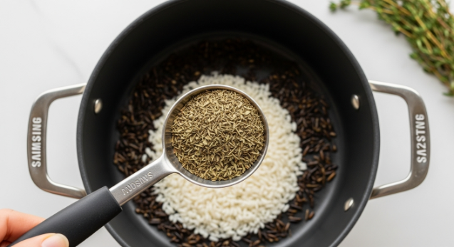 Wild rice and thyme added to pot before simmering