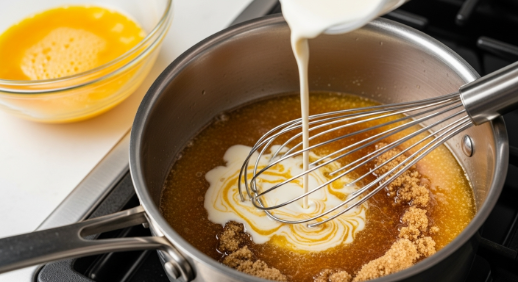 Whisking caramel base for Brown Butter Pecan Bars with honey and brown sugar